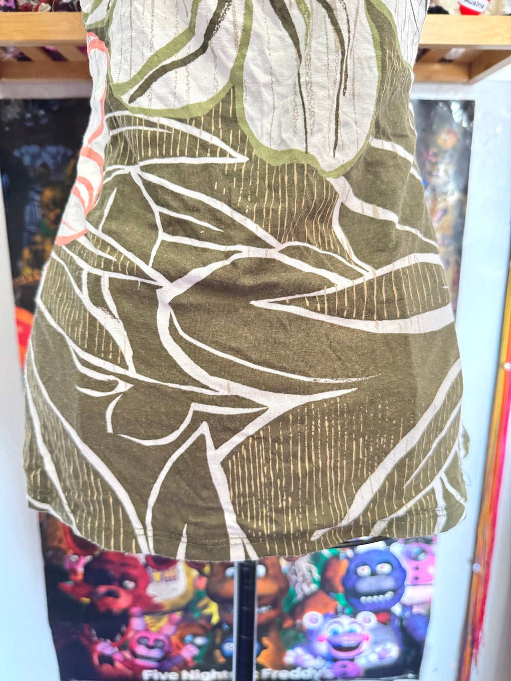 y2k vintage khaki fitted cami too with beaded criss-cross back and floral patterning