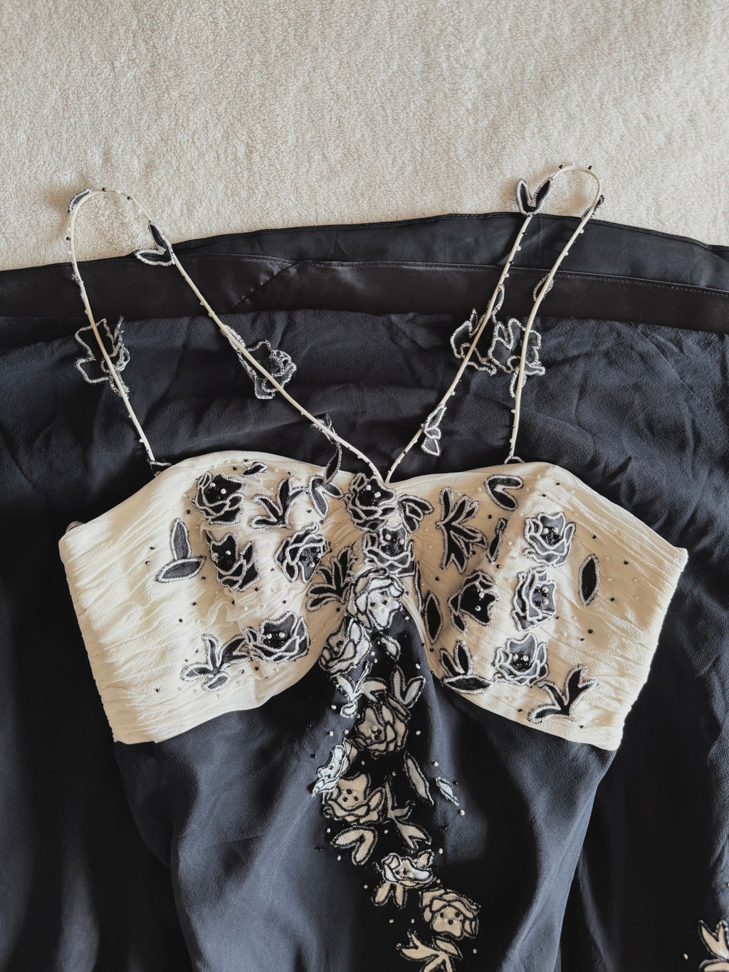 y2k vintage silk black and cream formal evening maxi dress with criss cross straps and beading