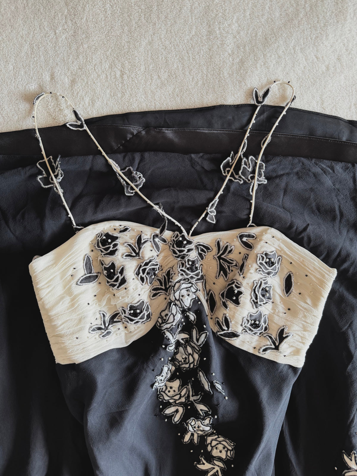 y2k vintage silk black and cream formal evening maxi dress with criss cross straps and beading