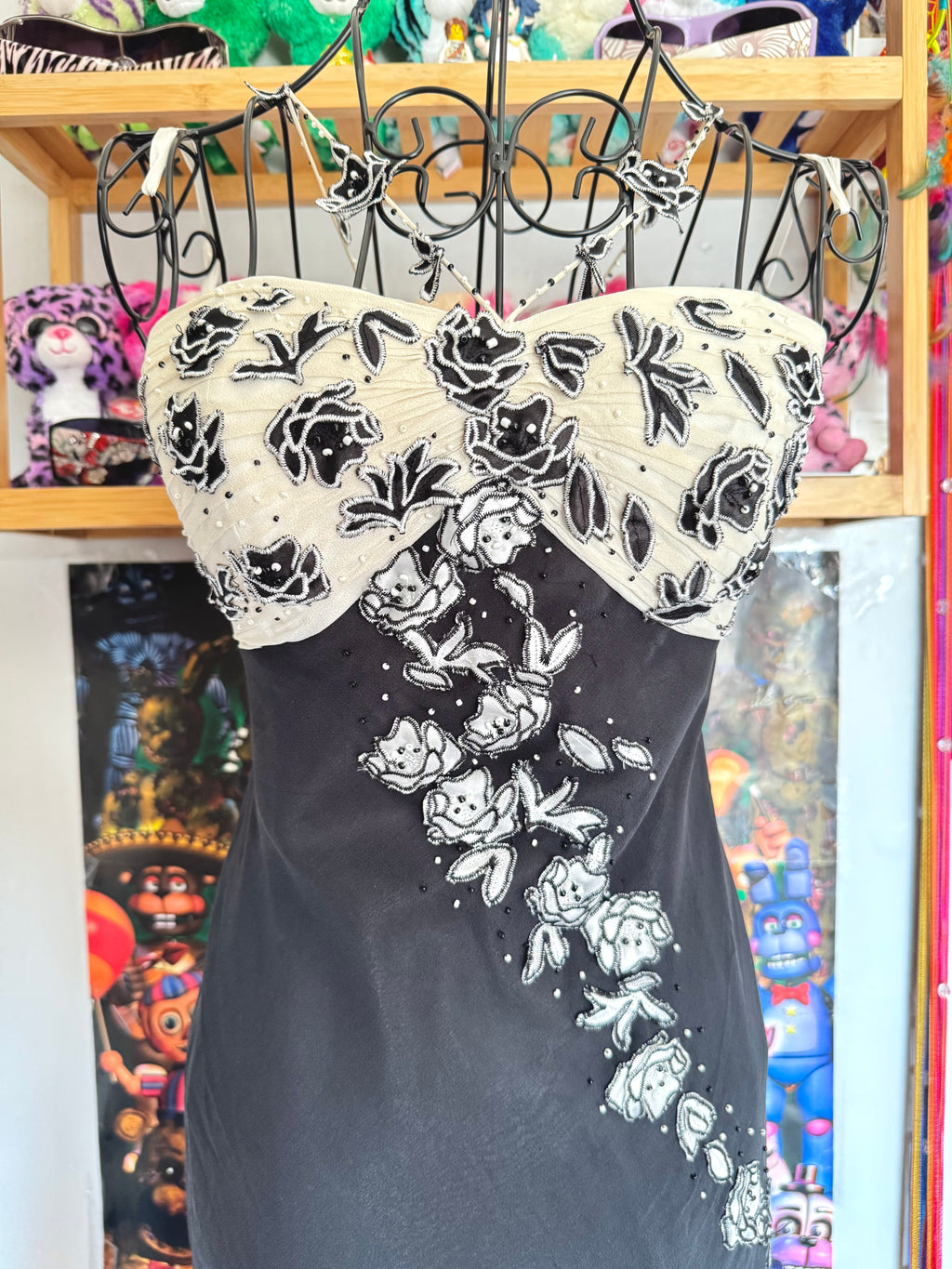 y2k vintage silk black and cream formal evening maxi dress with criss cross straps and beading