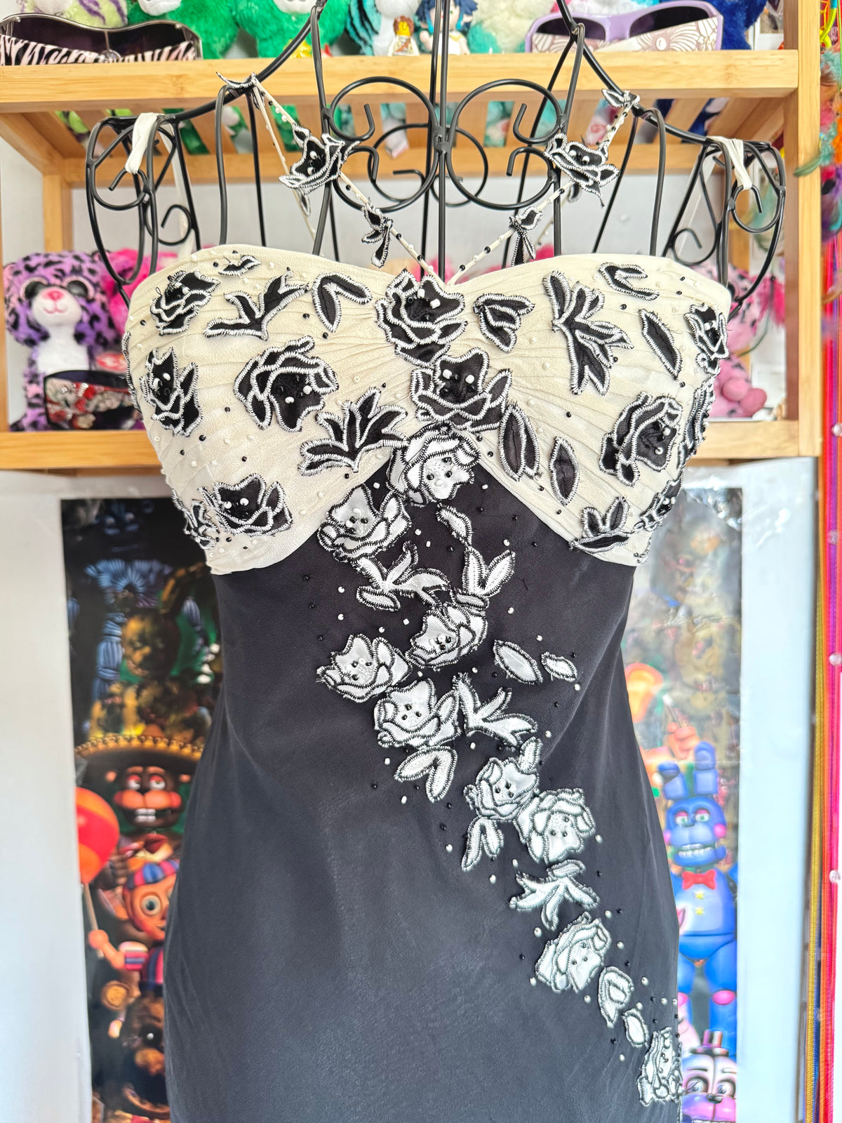 y2k vintage silk black and cream formal evening maxi dress with criss cross straps and beading