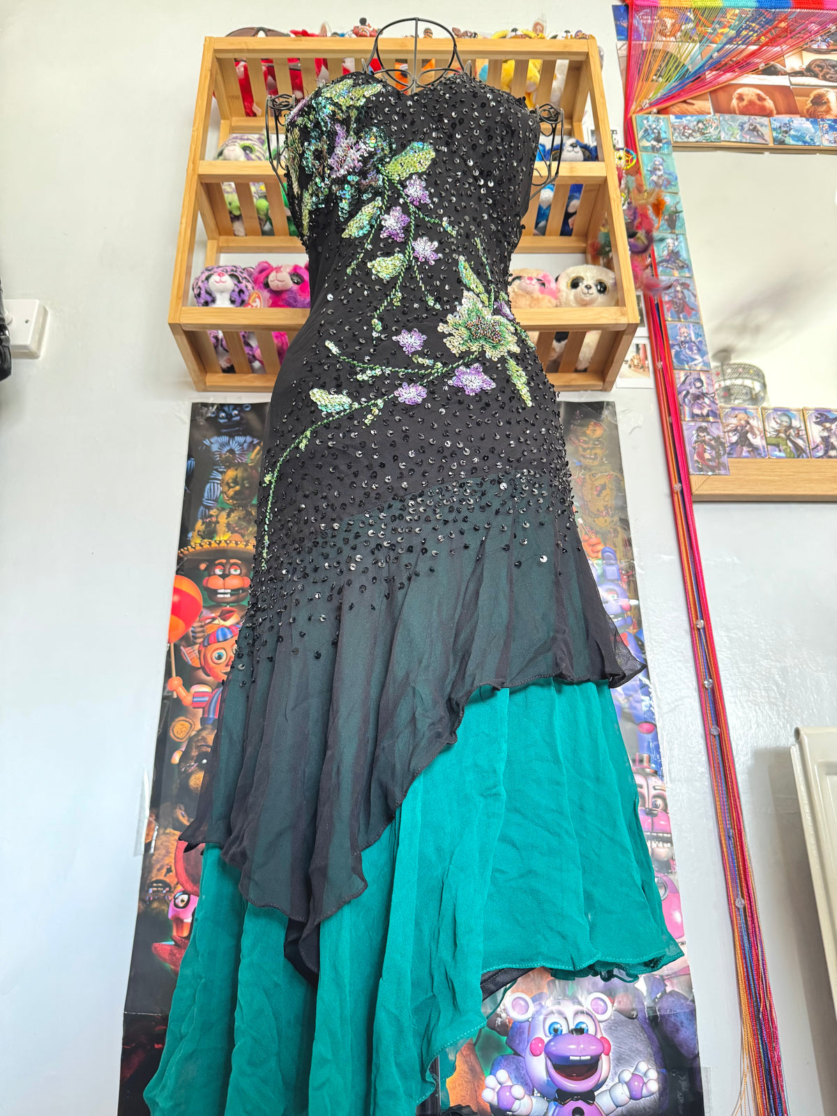 y2k vintage silk asymmetrical hem V-neck sequin embellished occasion dress