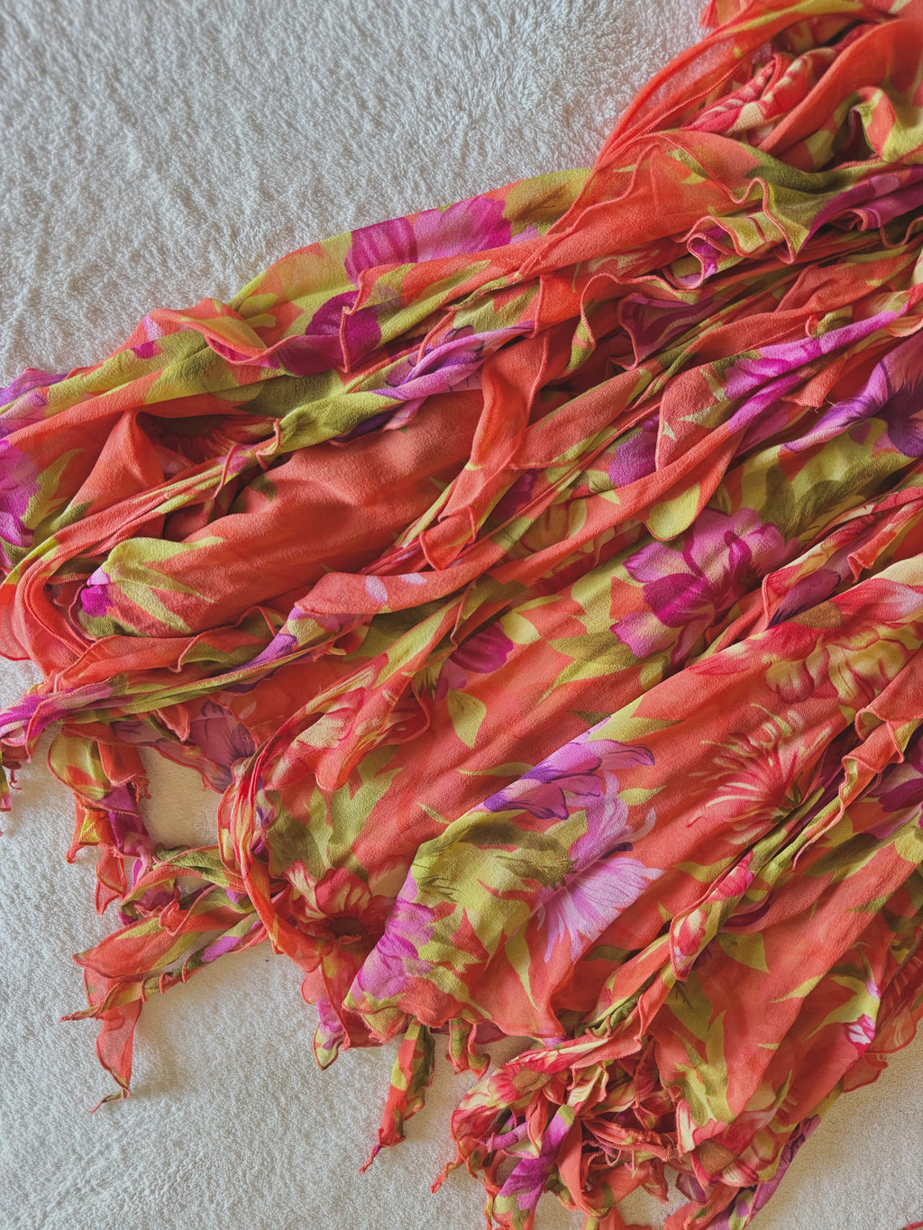 y2k vintage silk orange floral special occasion maxi dress with tassel hem