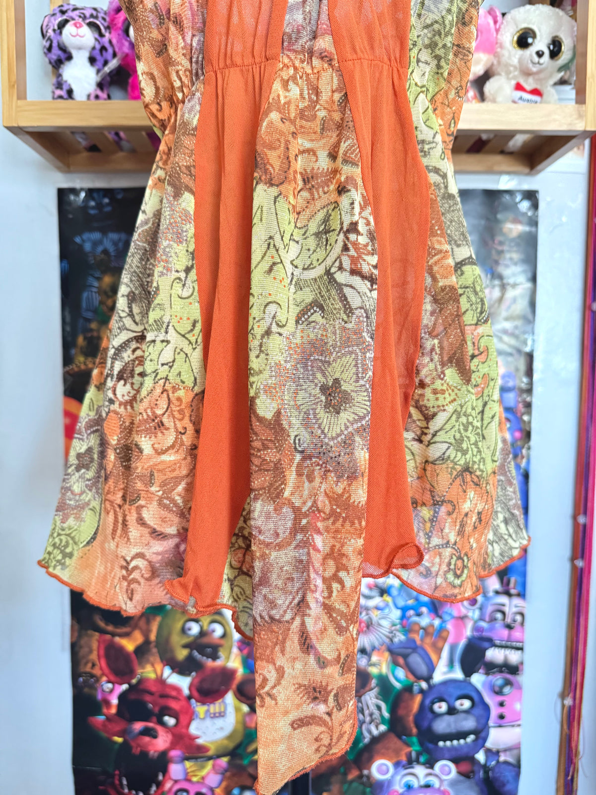 y2k vintage mesh ruffled orange and green floral autumnal cami top