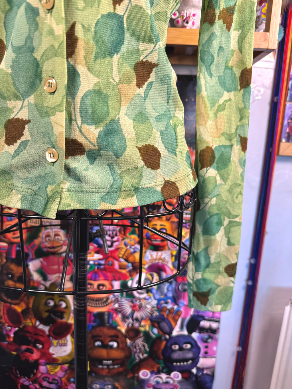 y2k vintage sheer mesh button up top with leaf print