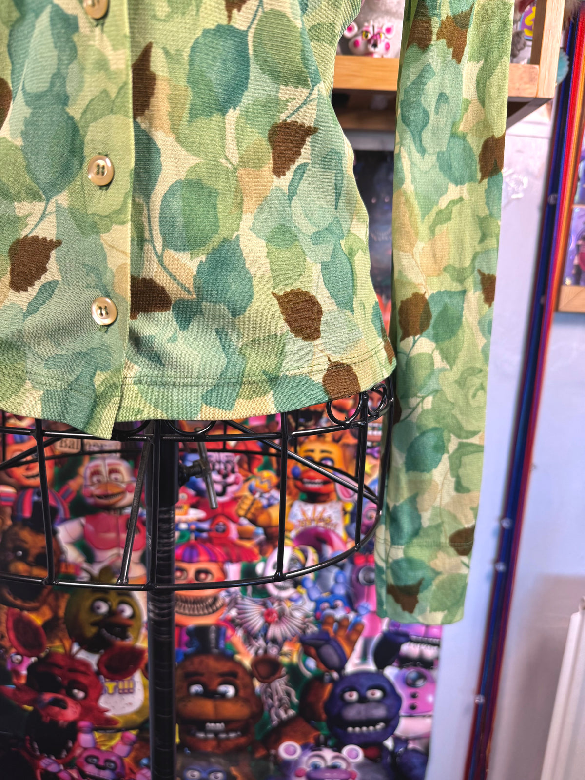 y2k vintage sheer mesh button up top with leaf print