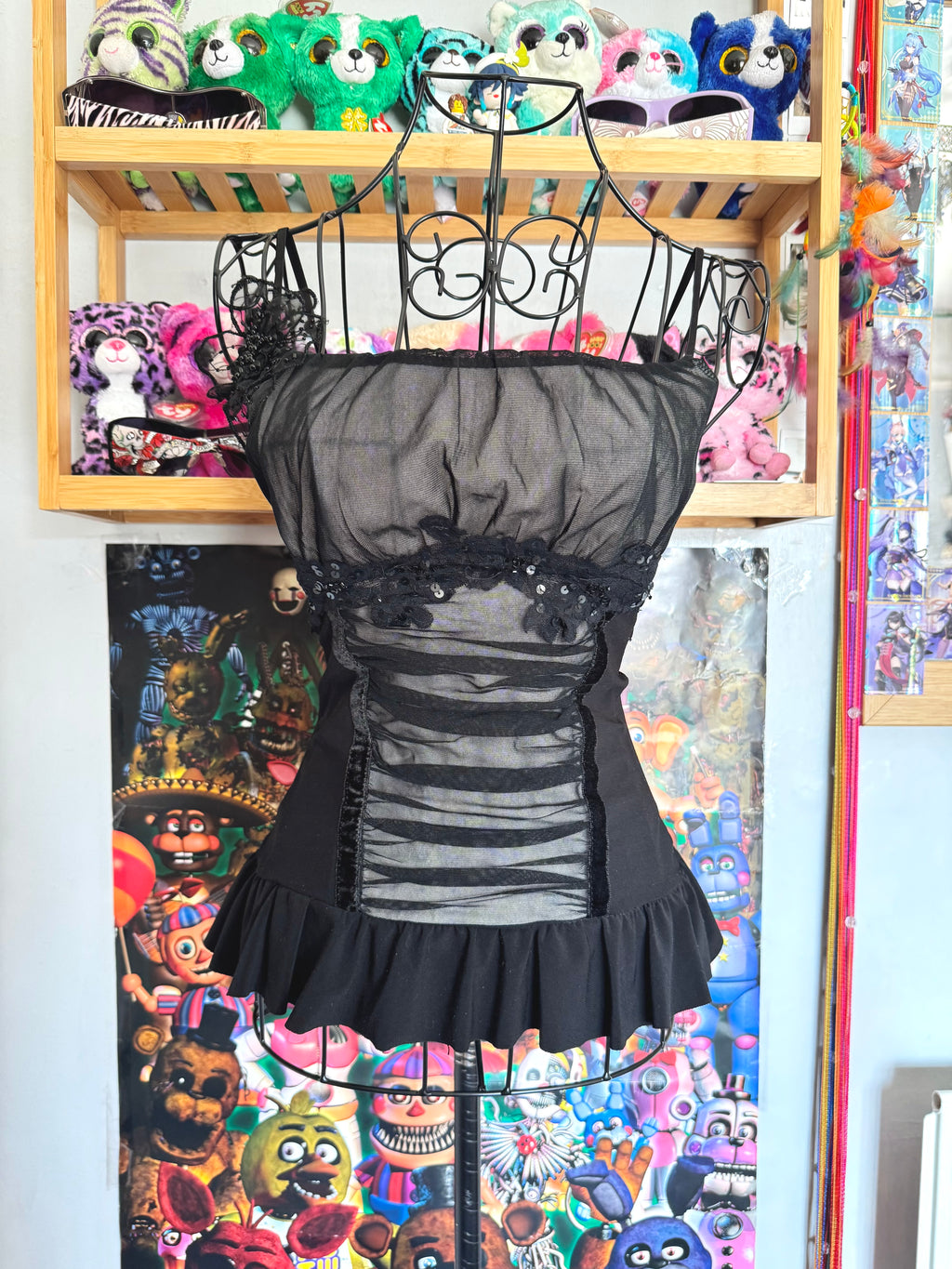 y2k vintage black mesh fitted cami top with ruffle hem and ruched milkmaid bust gothic