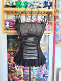 y2k vintage black mesh fitted cami top with ruffle hem and ruched milkmaid bust gothic