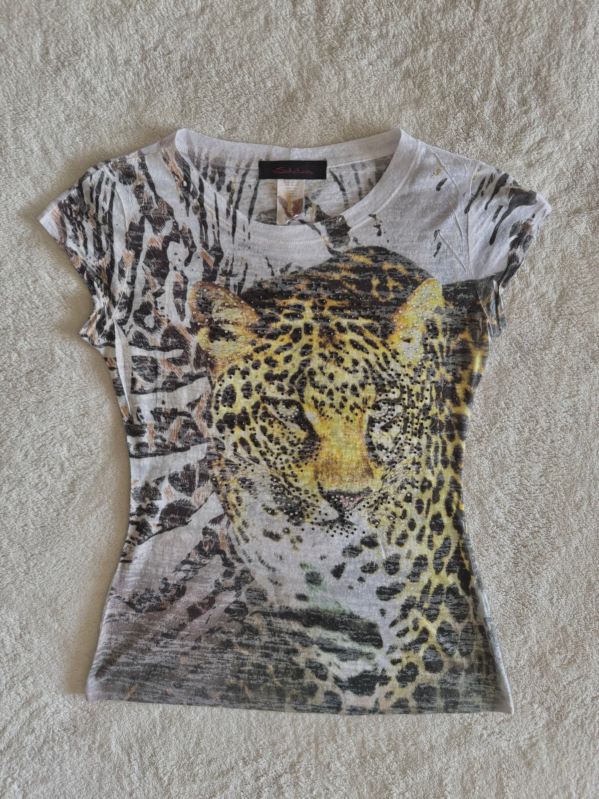 y2k vintage graphic leopard print sheer fitted tee affliction