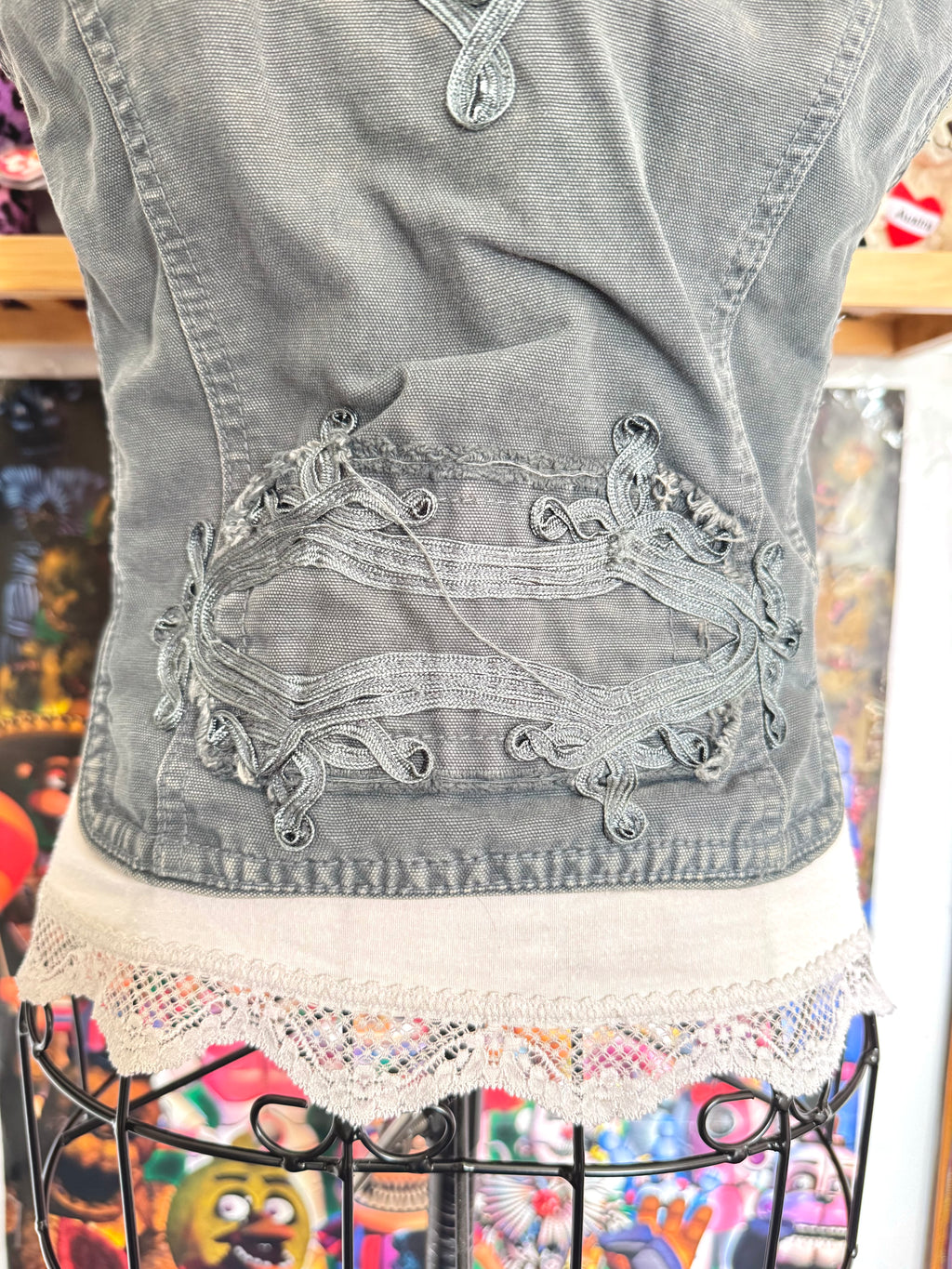 y2k vintage blueish grey denim distressed military inspired hook up waistcoat steampunk
