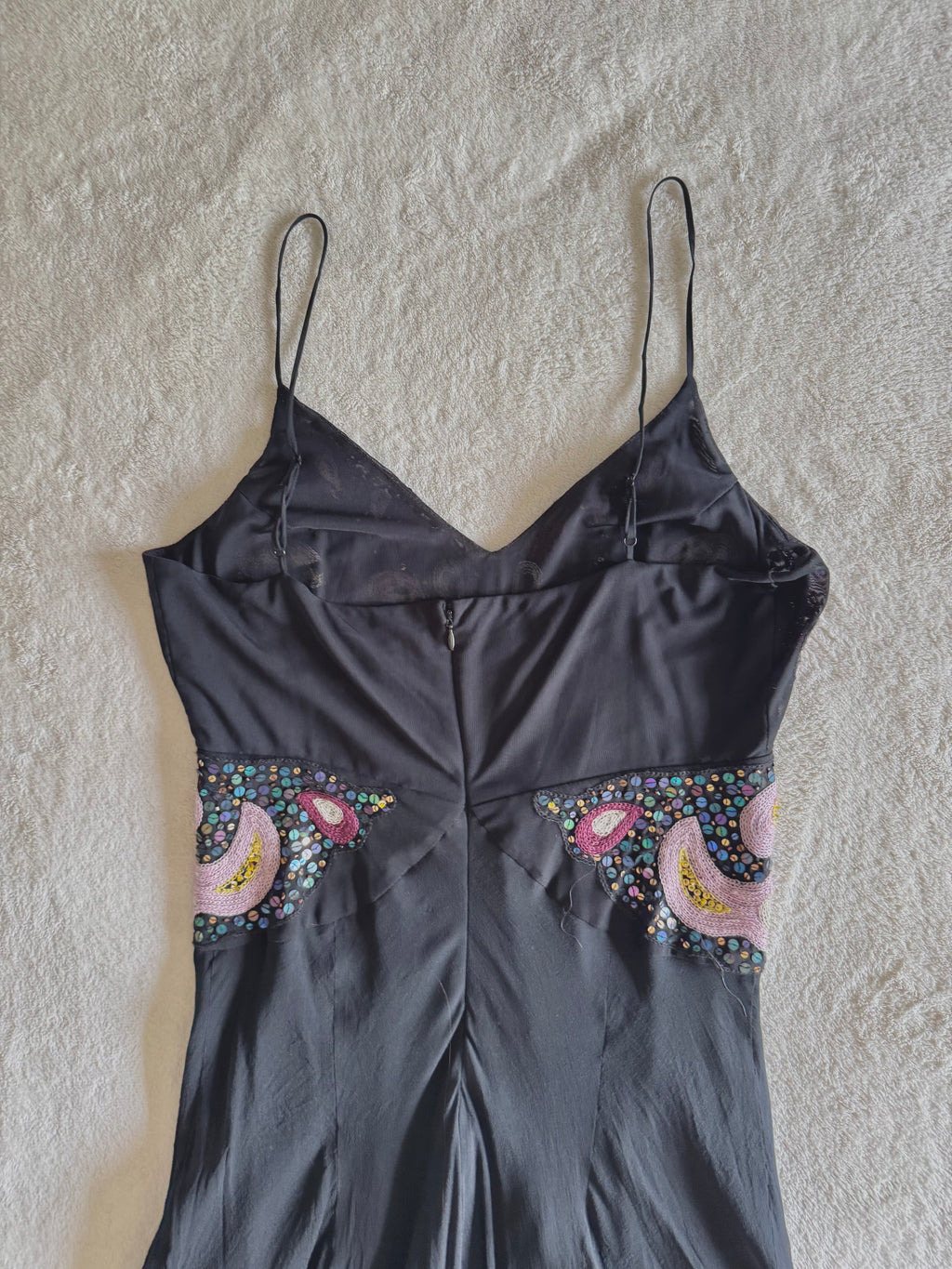y2k vintage silk black and pink butterfly sequin embellished floaty fairy hem midaxi length dress
