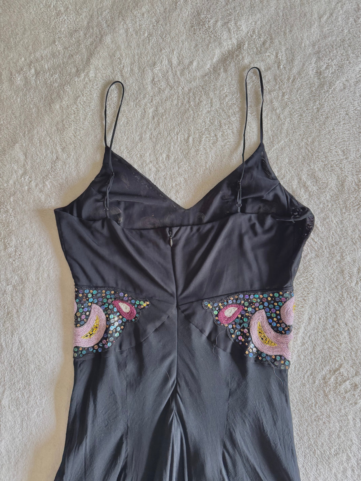 y2k vintage silk black and pink butterfly sequin embellished floaty fairy hem midaxi length dress