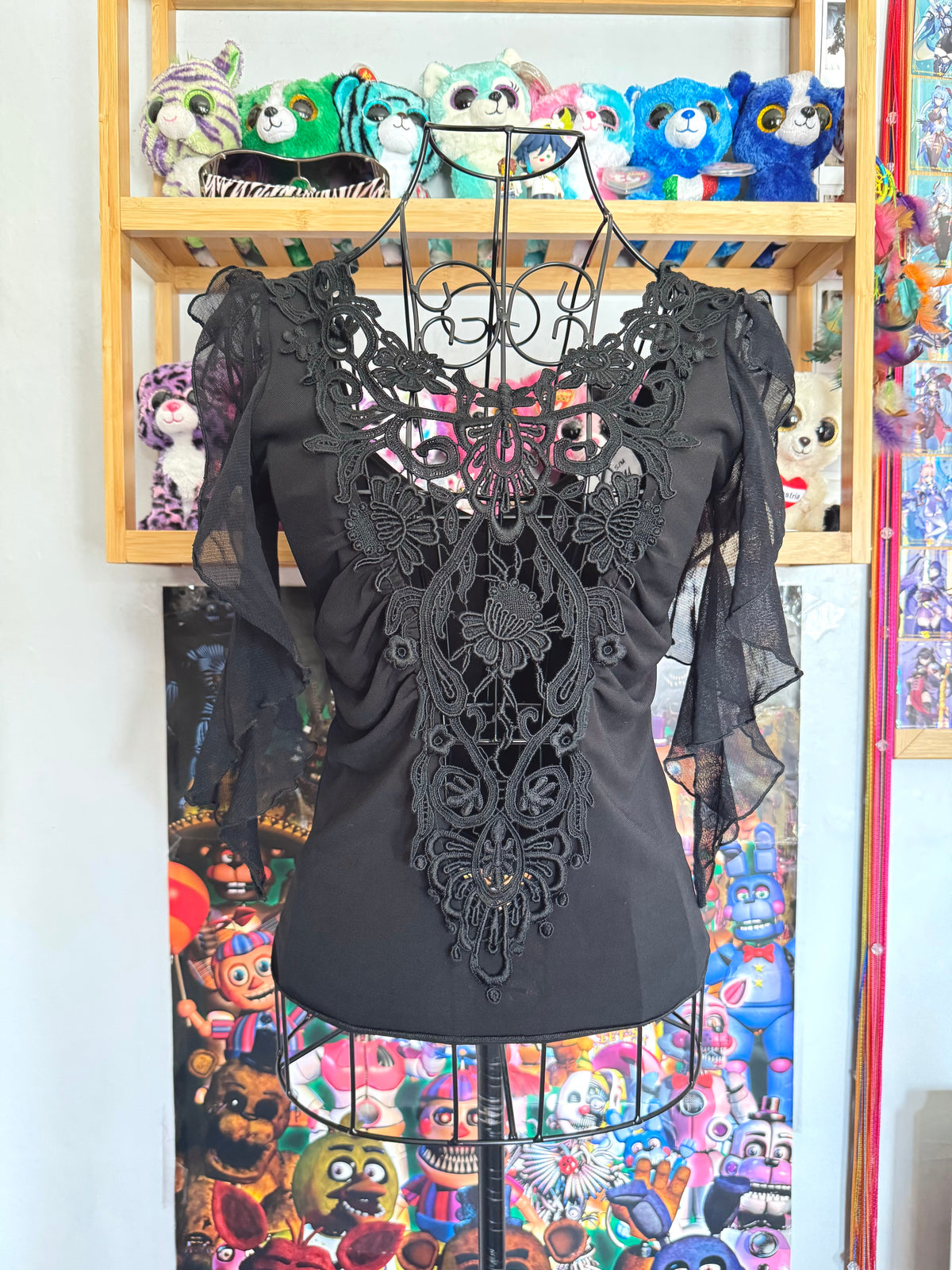 y2k vintage black mesh fitted top with lace front and tassel sleeves