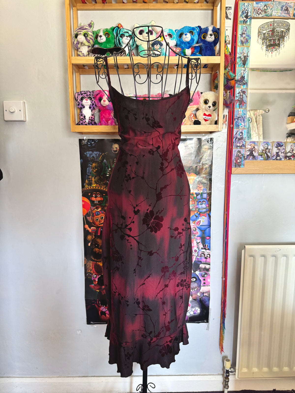y2k vintage red and black velvet floral midi dress