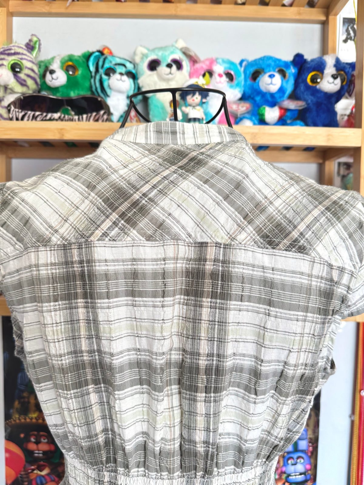 y2k vintage checkered button up babydoll top with elasticated waist and cap sleeves