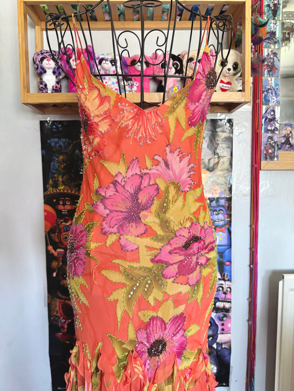 y2k vintage silk orange floral special occasion maxi dress with tassel hem