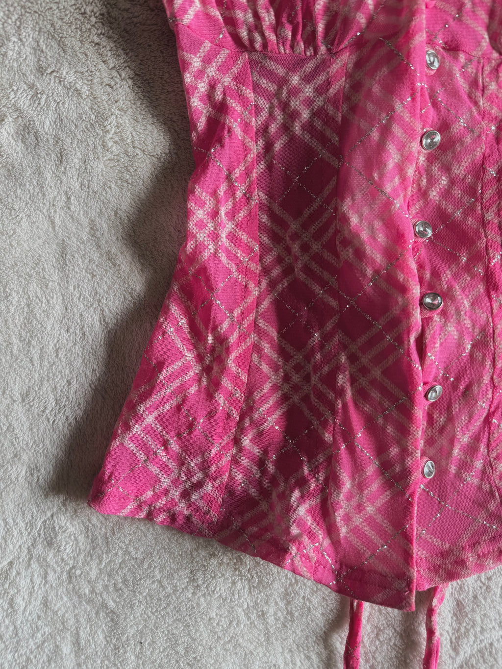 y2k vintage rare hot pink plaid glittery button up sheer blouse with lace up back mcbling