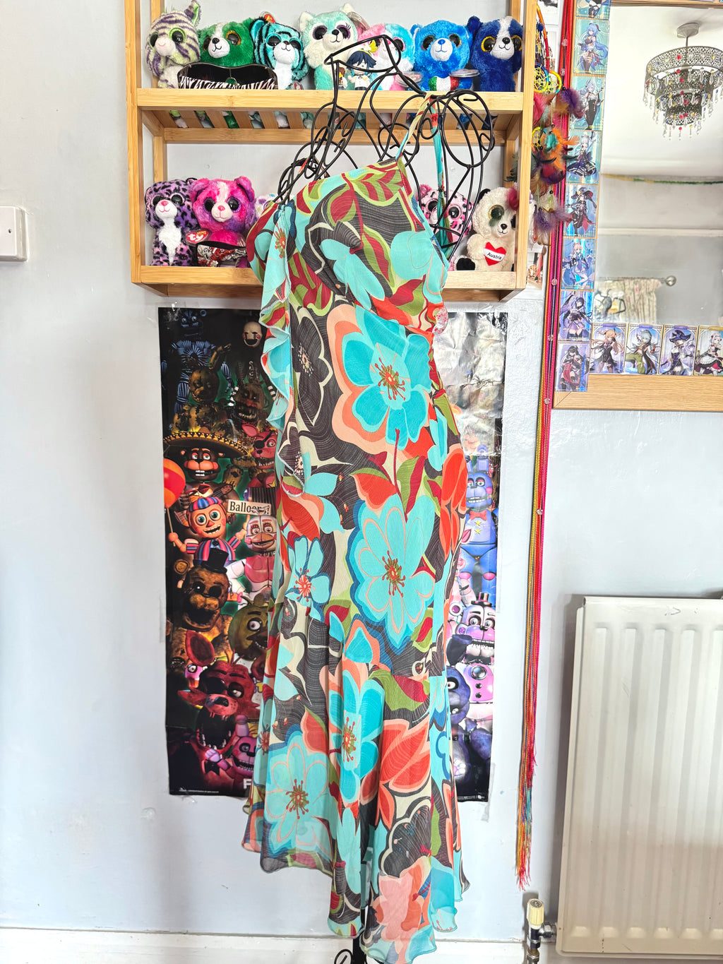 y2k vintage multicoloured blue floral print midi dress
