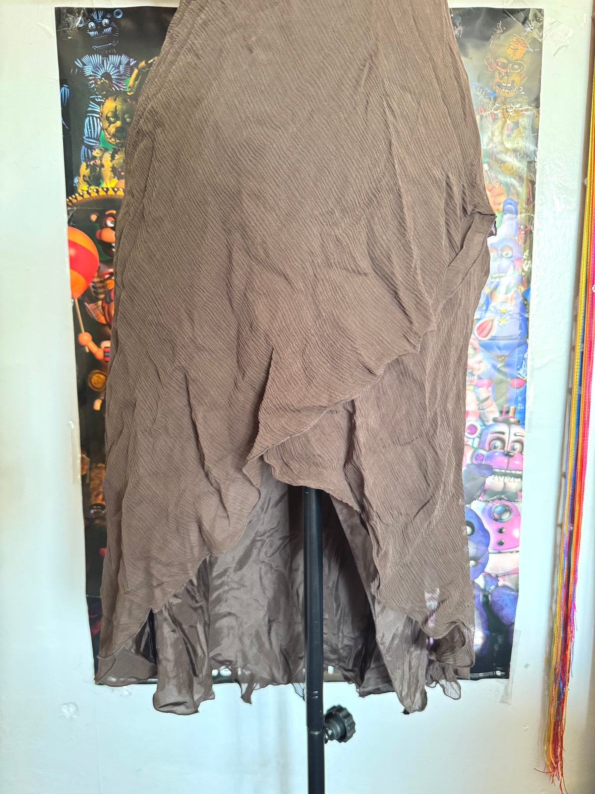 y2k vintage silk chocolate brown fitted asymmetrical fairy hem halterneck midi dress
