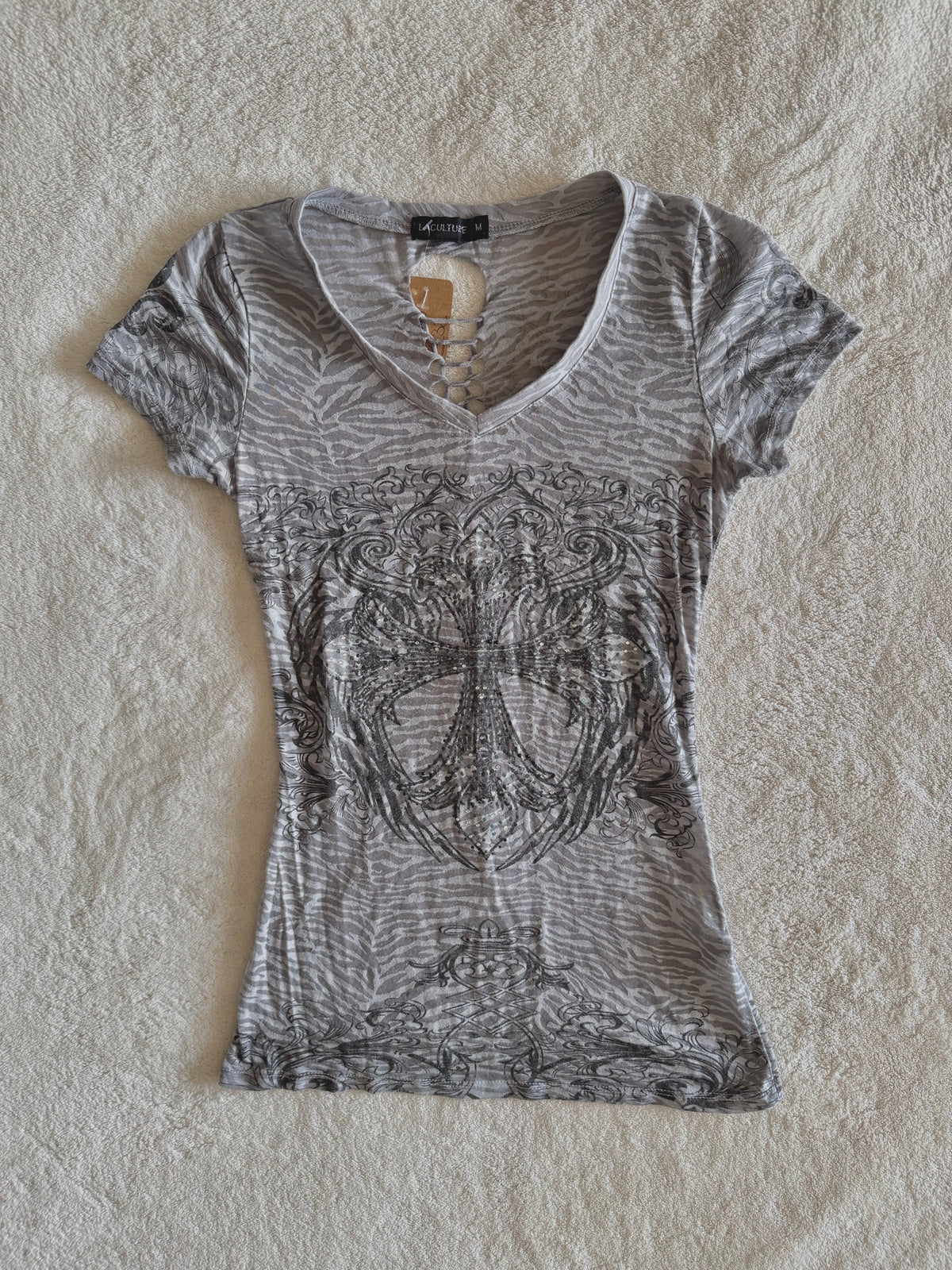 y2k vintage sheer graphic wings fitted tee with rhinestone embellishments affliction mcbling