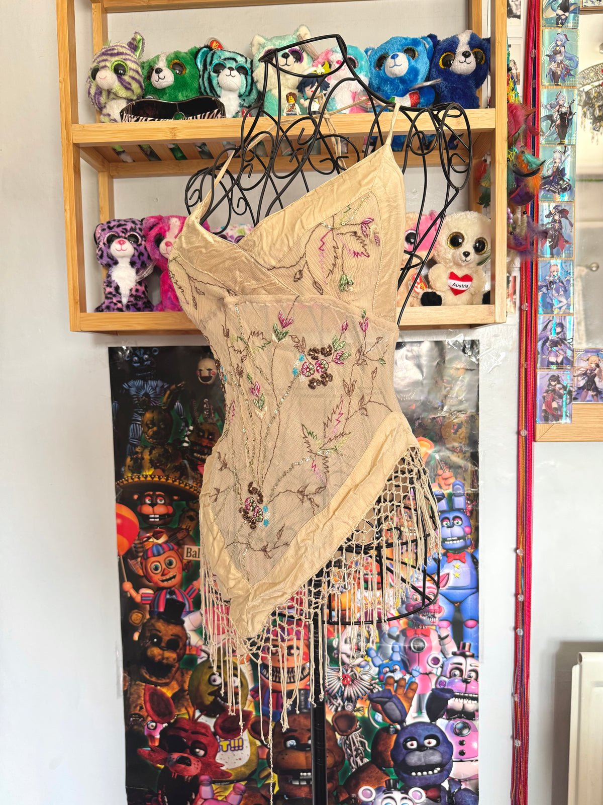 y2k vintage silk floral embroidery fitted halterneck top with lattice tassels festival western