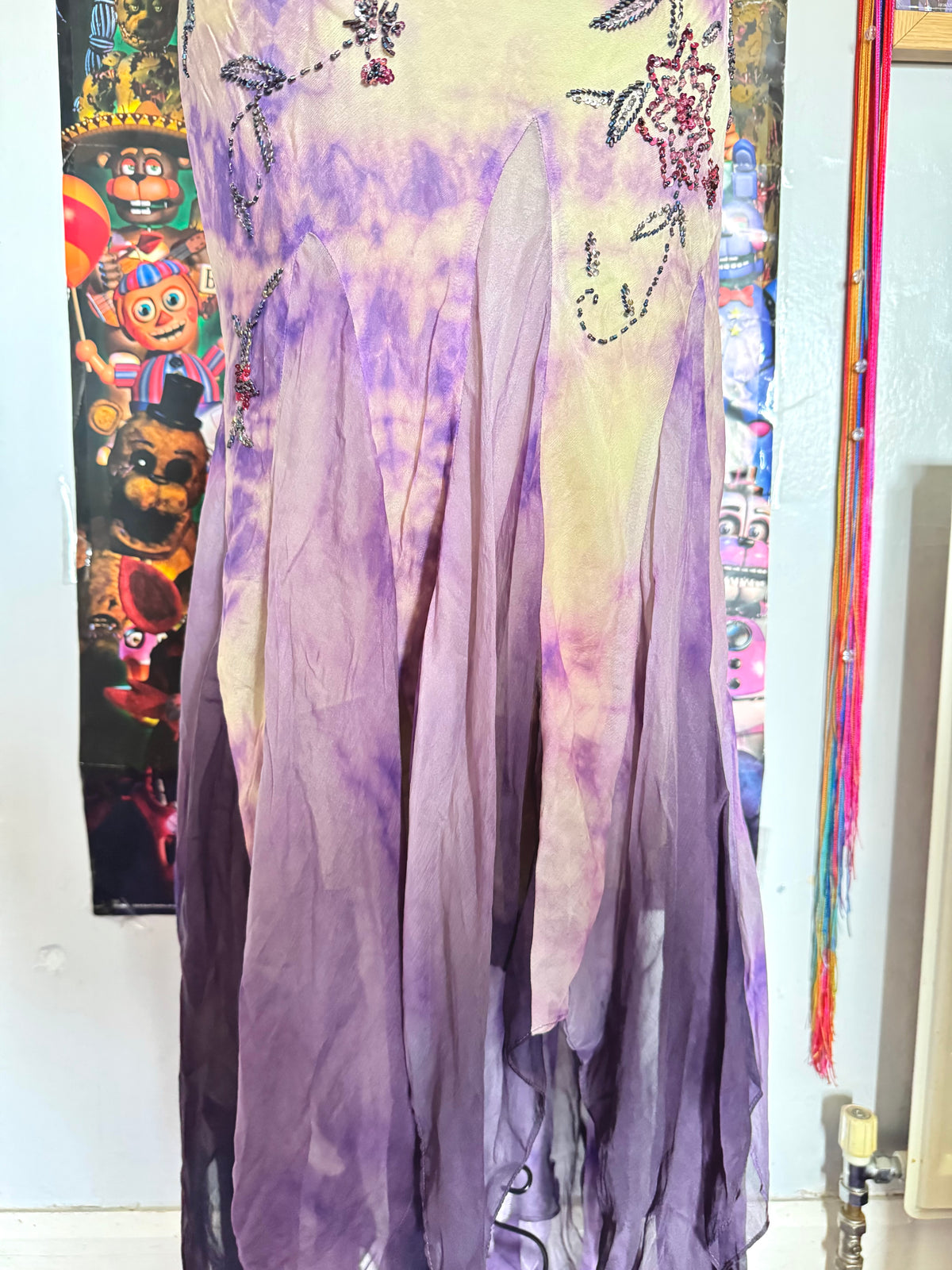 y2k vintage violet purple whimsical silk floral beaded hanky hem cowl neck maxi dress fairy