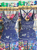 y2k vintage silk royal blue crisscross back fitted slightly cropped cami with butterfly sequins