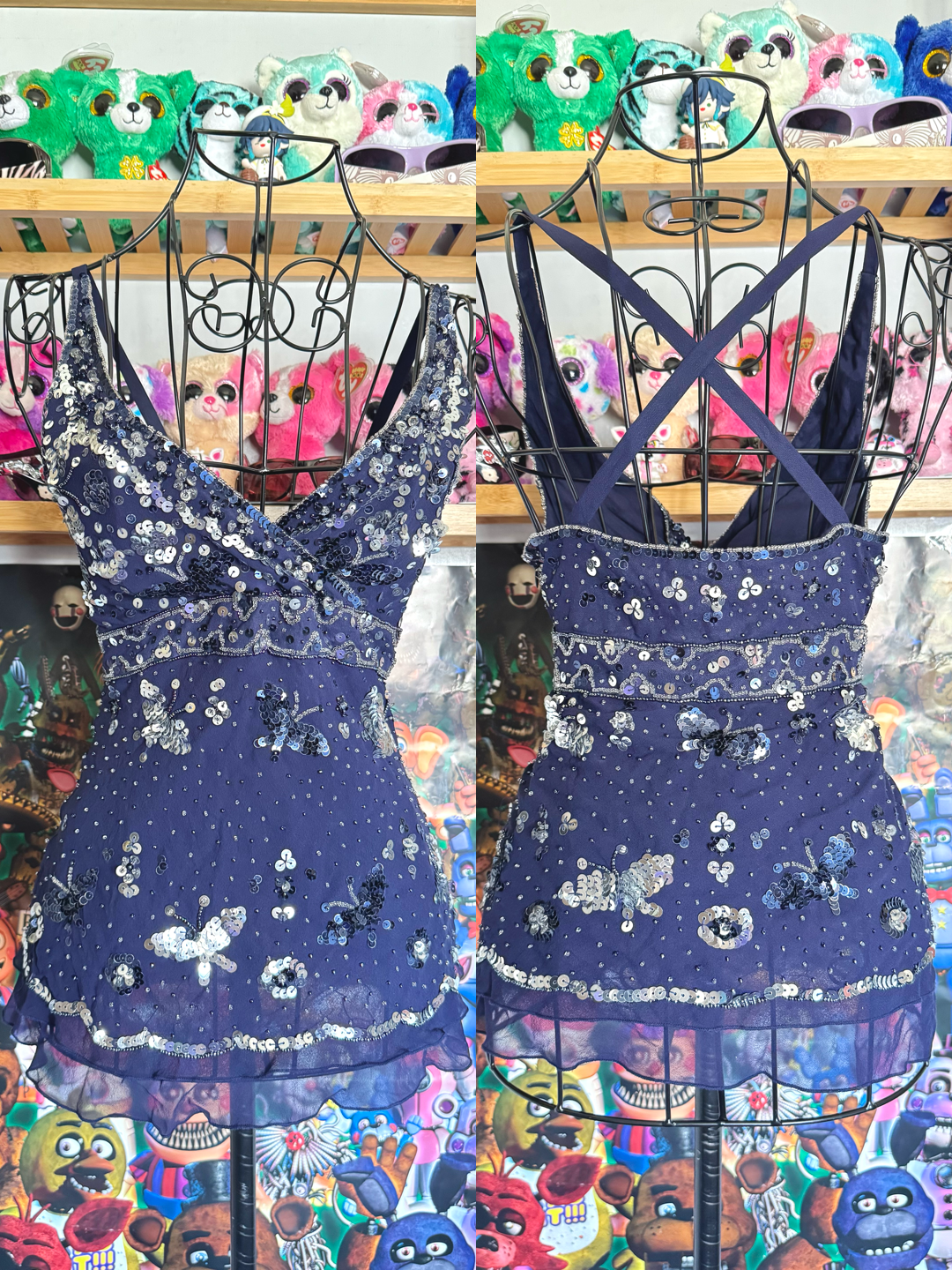 y2k vintage silk royal blue crisscross back fitted slightly cropped cami with butterfly sequins