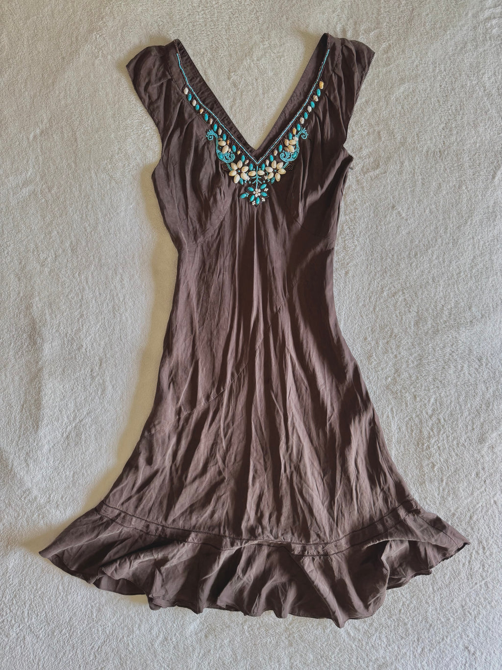 y2k vintage chocolate brown and turquoise blue silk fitted beaded shell midi dress