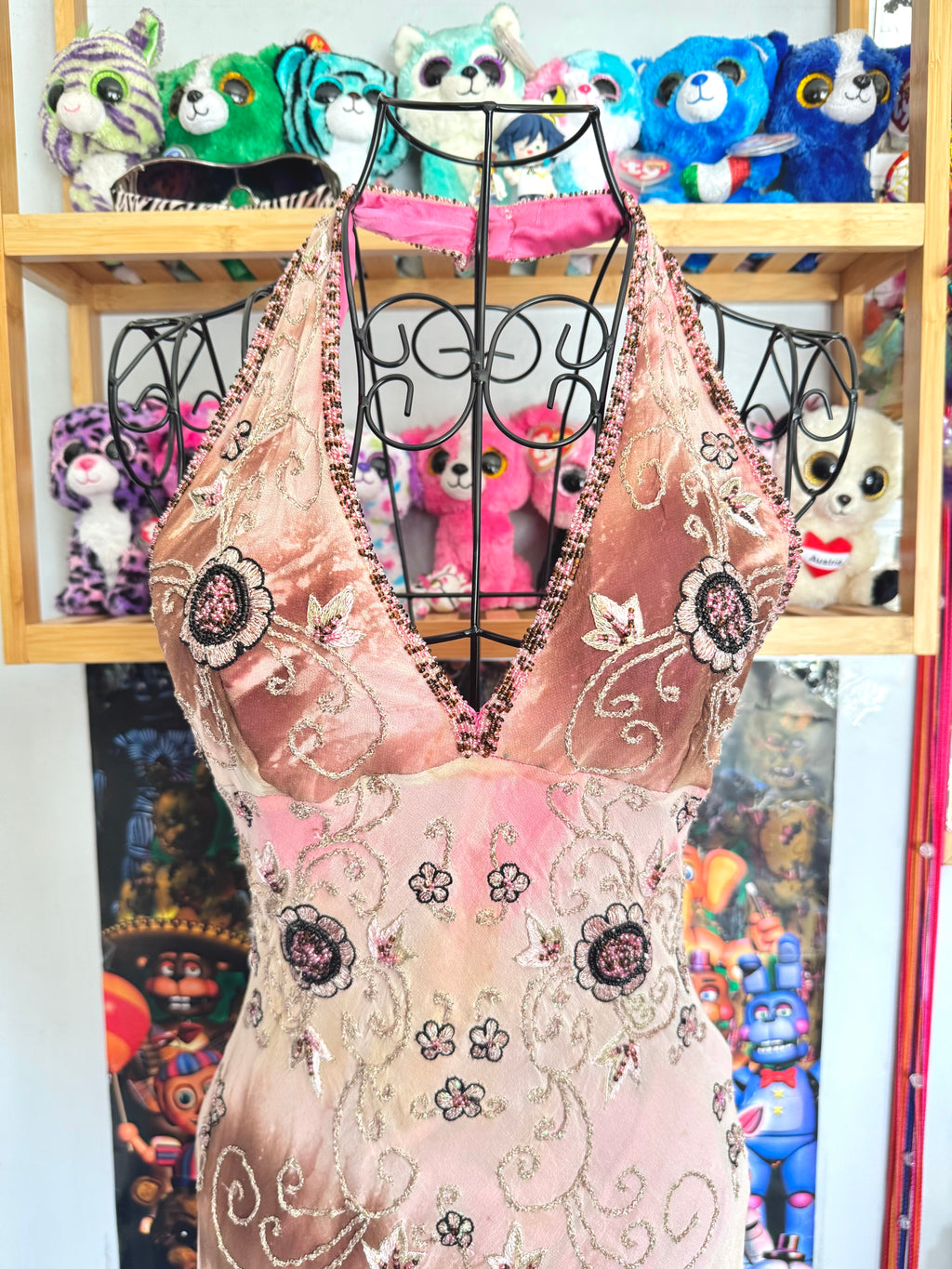 90’s vintage silk pink and brown beaded floral pattern halterneck mini dress fairycore