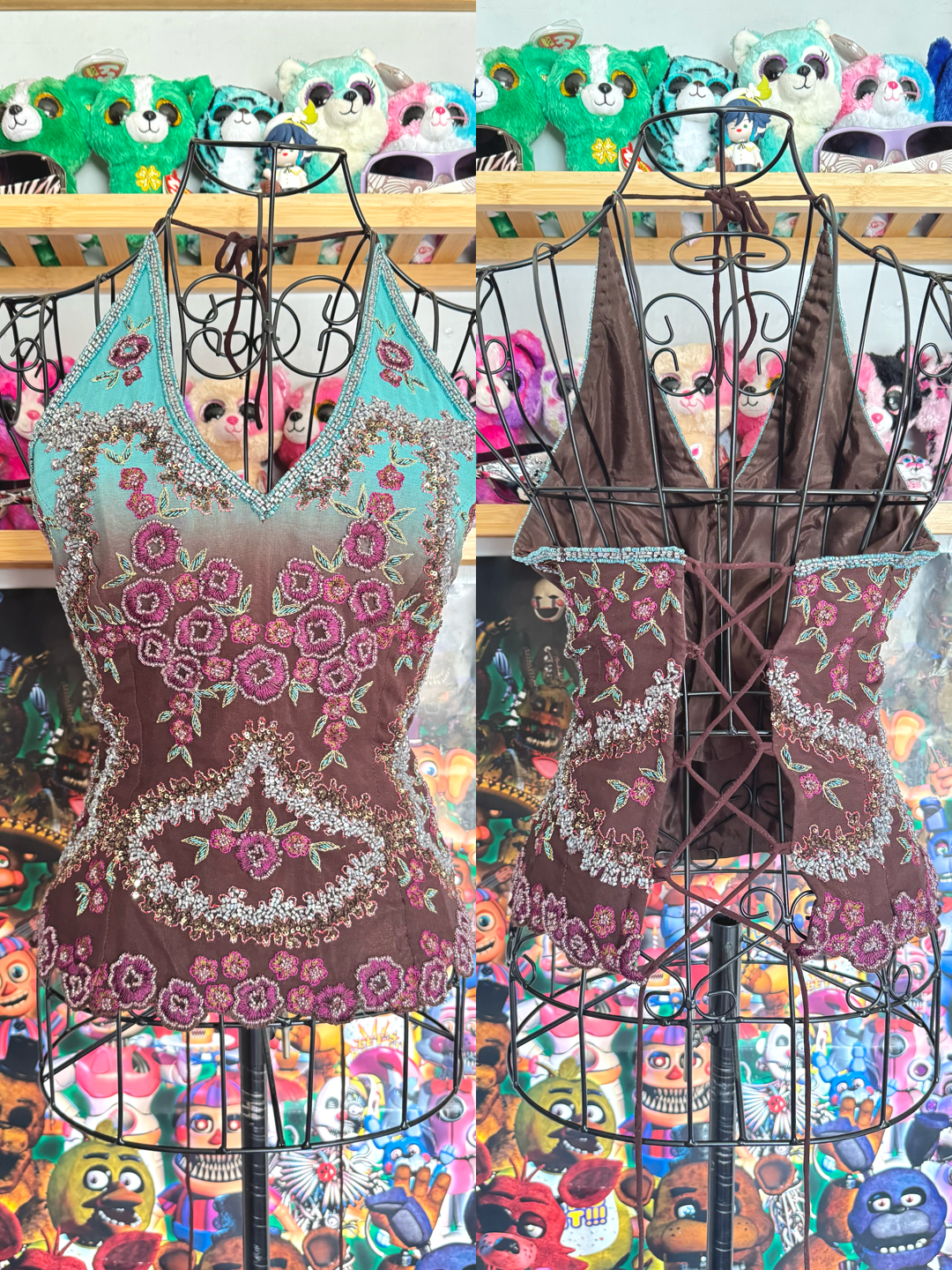 y2k vintage ombre turquoise and brown Aftershock silk lace back corset halter top