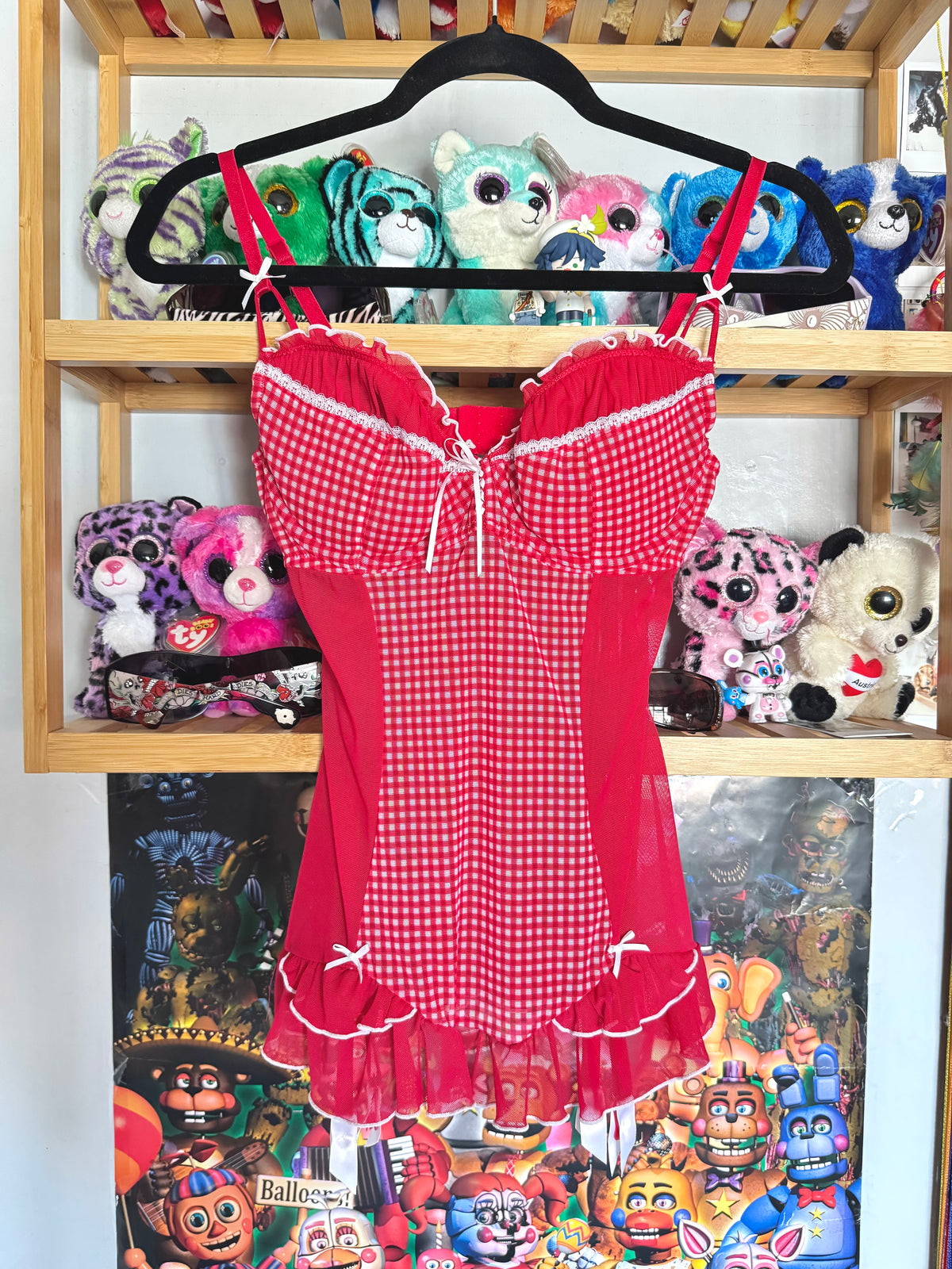 y2k vintage red and white gingham mesh babydoll cami top coquette