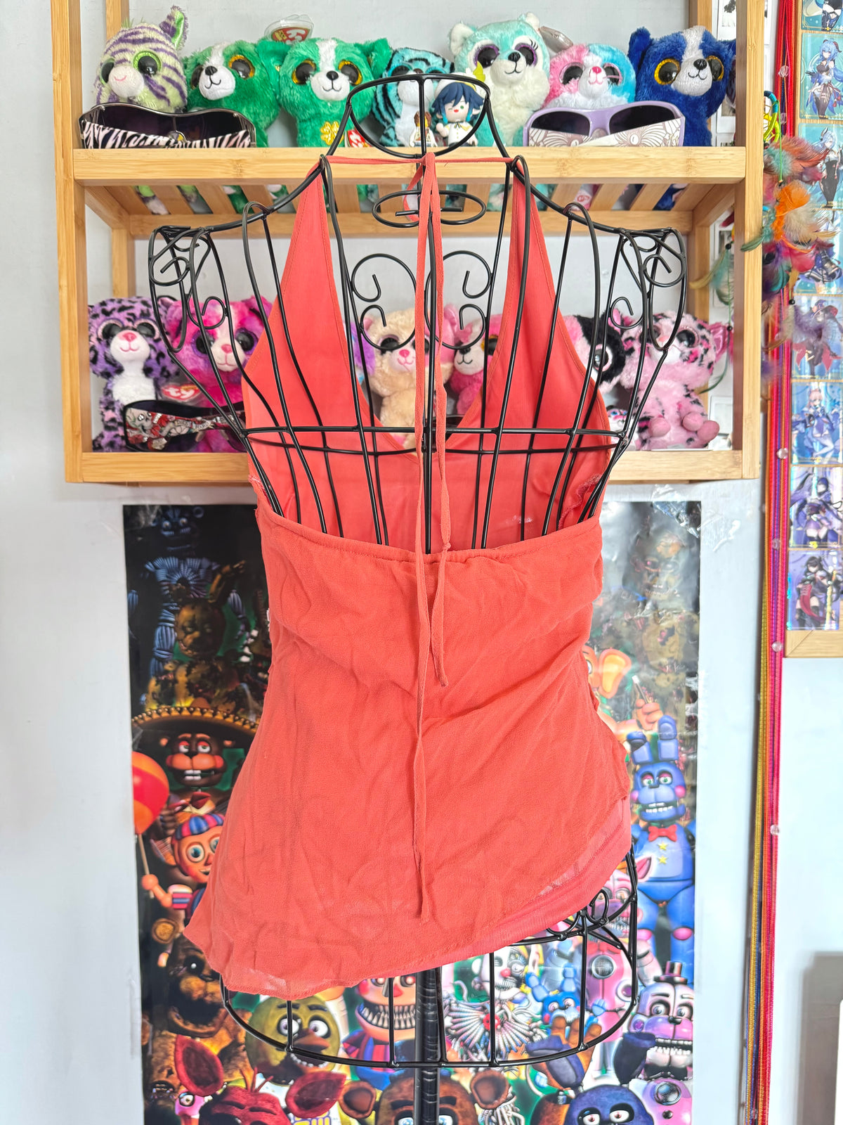 y2k vintage coral pink silk halter cami top with asymmetrical hem and tiered ruffles