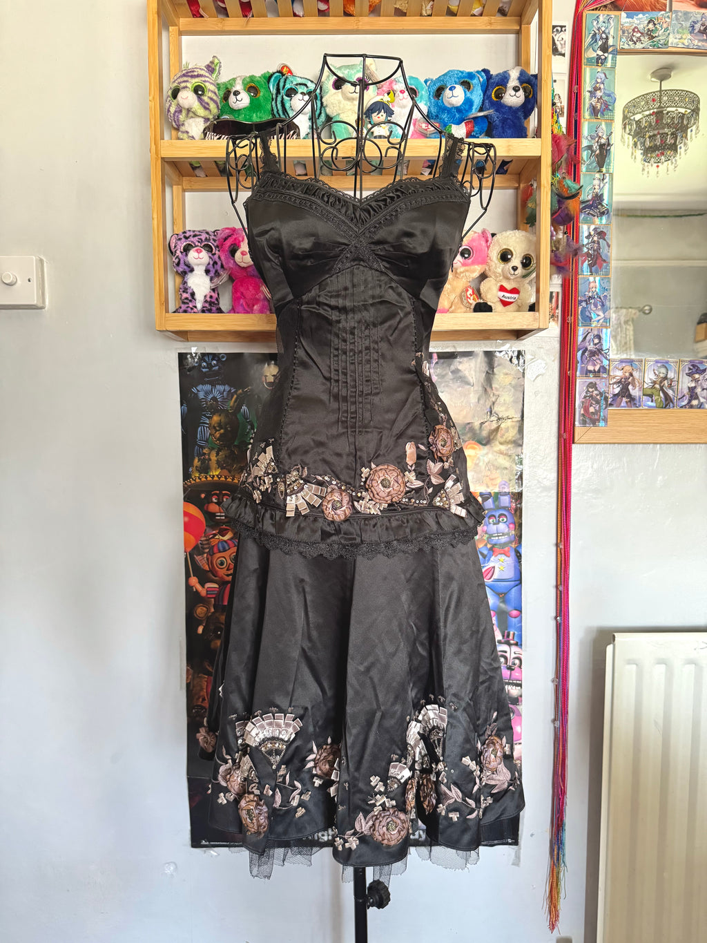y2k vintage silk co-ord cami top and mini skirt with 3D blossoms embellished