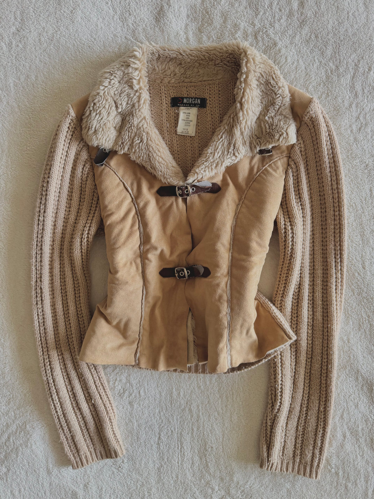 y2k vintage buckle up fitted and cropped jacket with chunky ribbed knit sleeves western boho