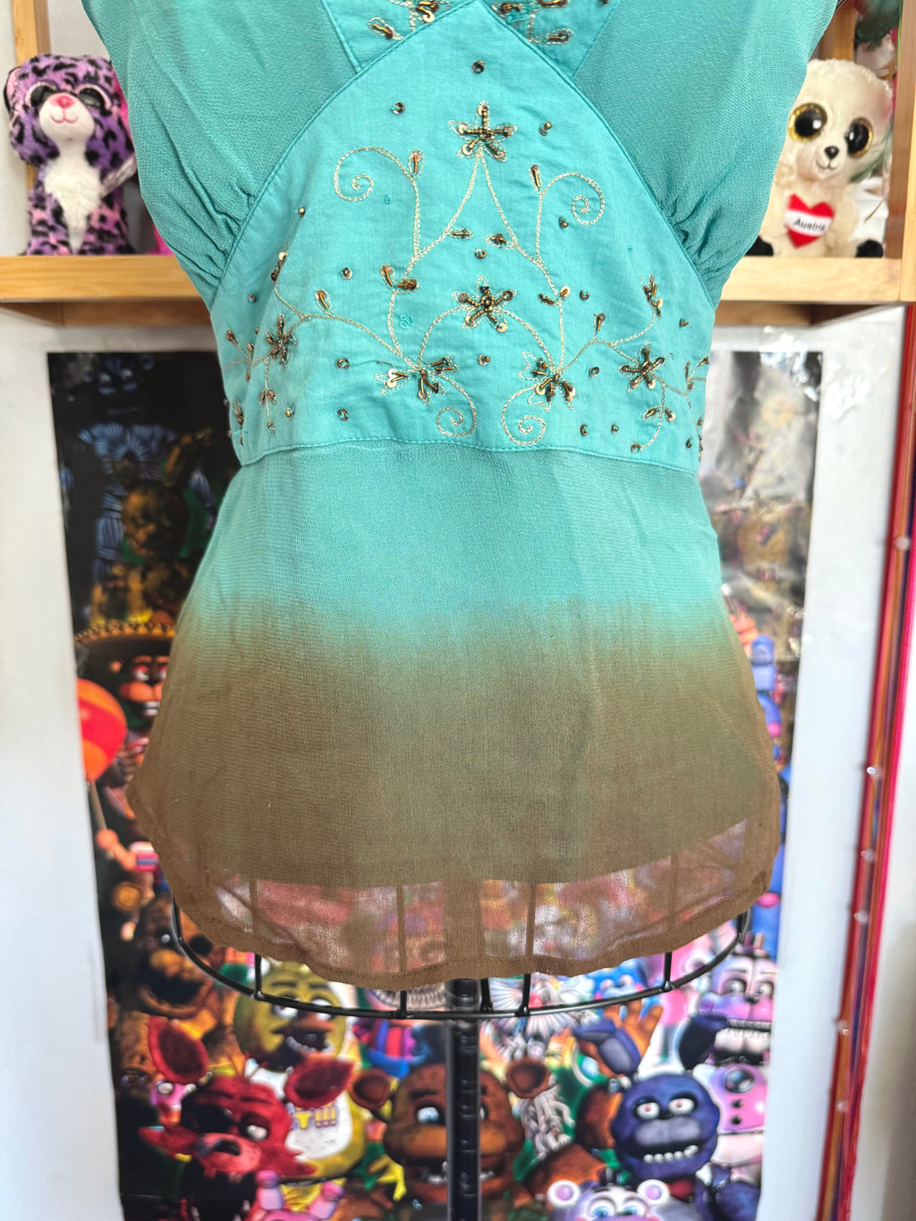 y2k vintage ombre brown and turquoise blue fitted halterneck floral embroidered top