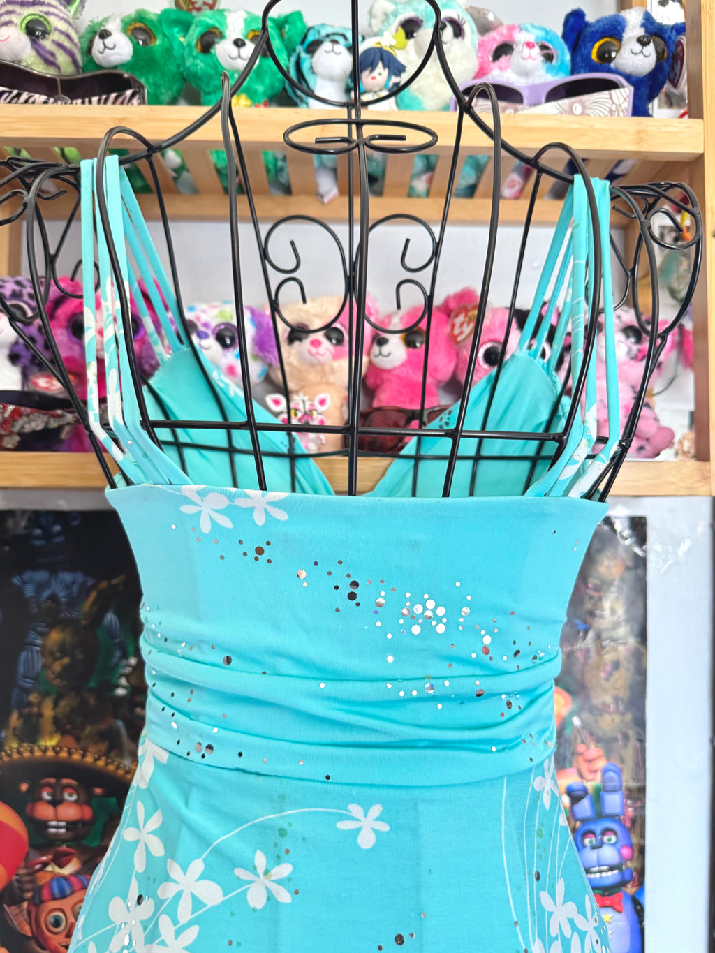 y2k vintage turquoise blue floral slinky fitted cami top with sequins