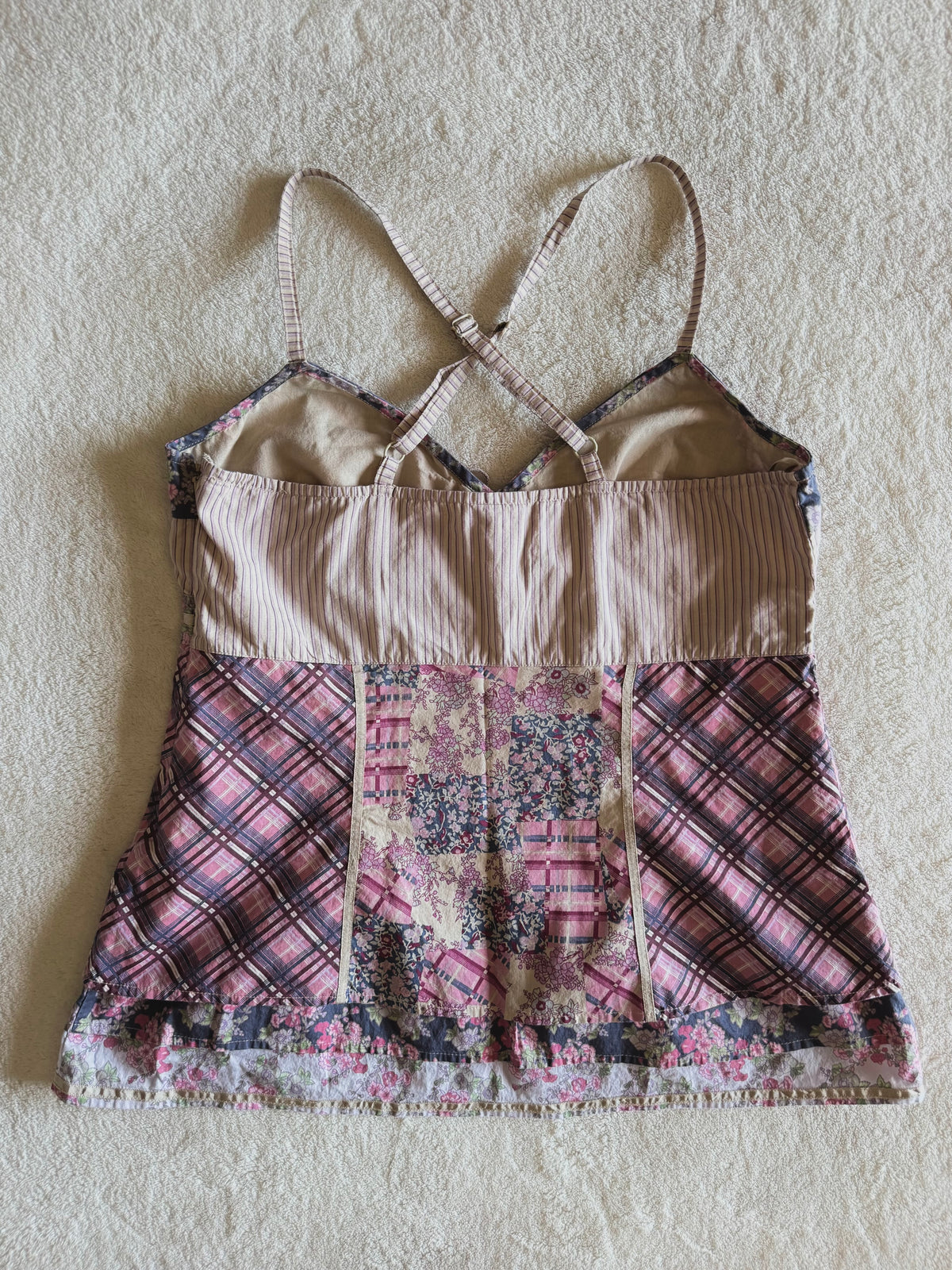 y2k vintage patchwork style criss-cross strap mixed print fitted cami top