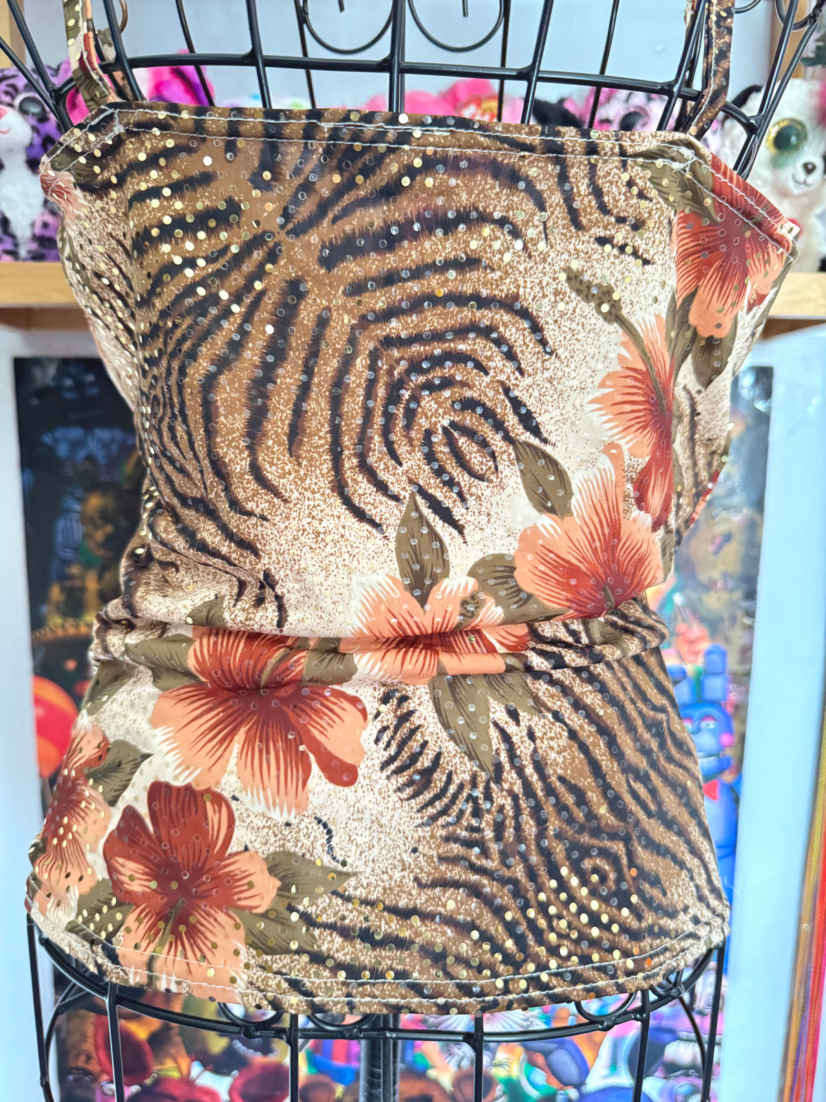 y2k vintage cowl neck fitted earthy vest top with mixed floral and animal print