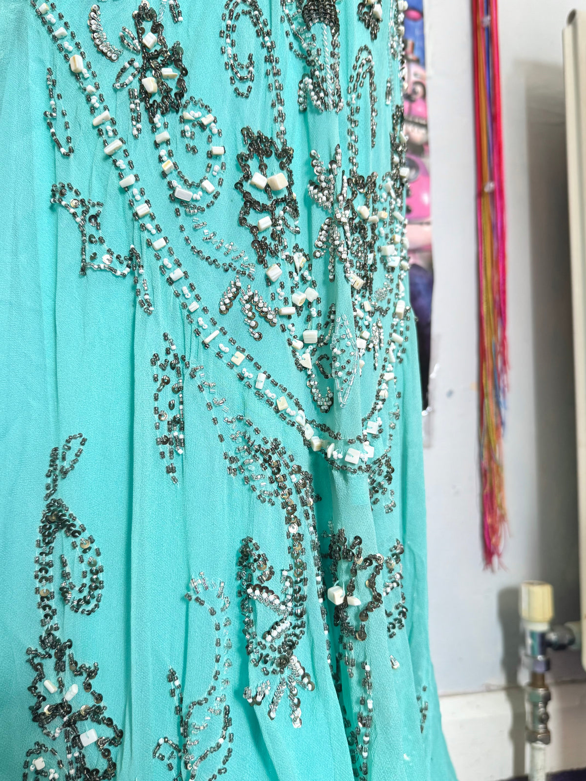 vintage 90’s turquoise blue silk heavily beaded handmade fishtail maxi dress mermaid core