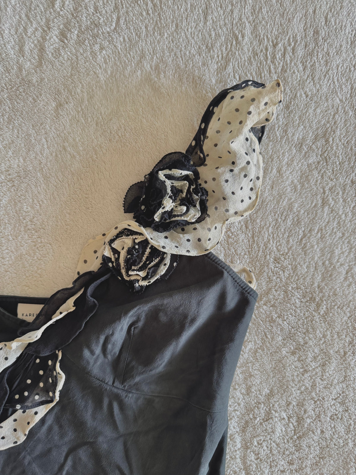 y2k vintage black and cream silk polkadot fitted asymmetrical cami top