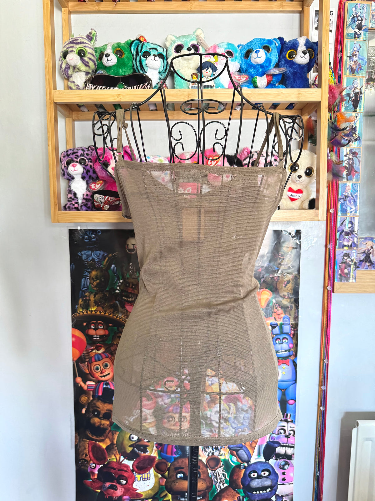 y2k vintage khaki brown sheer mesh butterfly sequinned cami top with jagged asymmetrical hem fairy