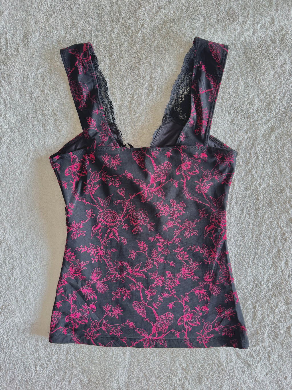 y2k vintage black and pink floral lace trim cami top gothic
