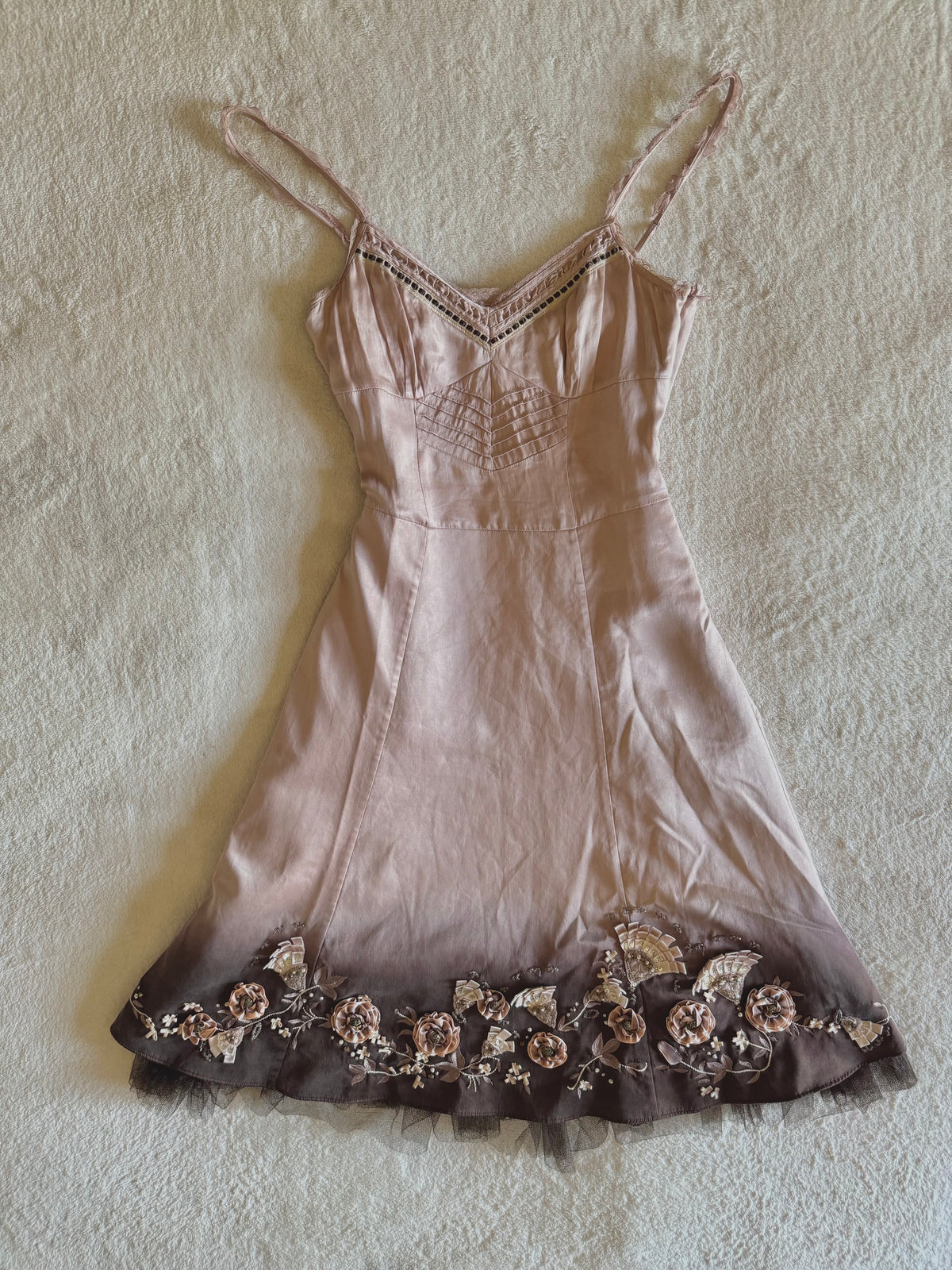 y2k vintage silk dusky pink and brown ombre fitted midi dress fit and flare with blossoms