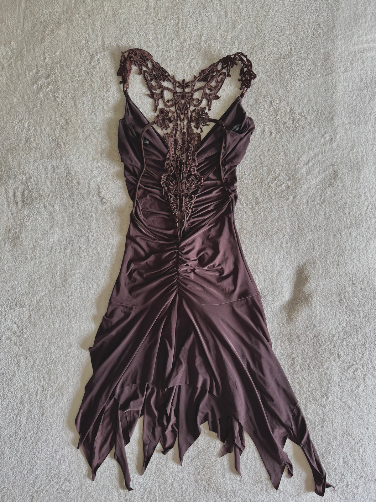 y2k vintage chocolate brown ruched fitted floral lace back fairycore mini dress