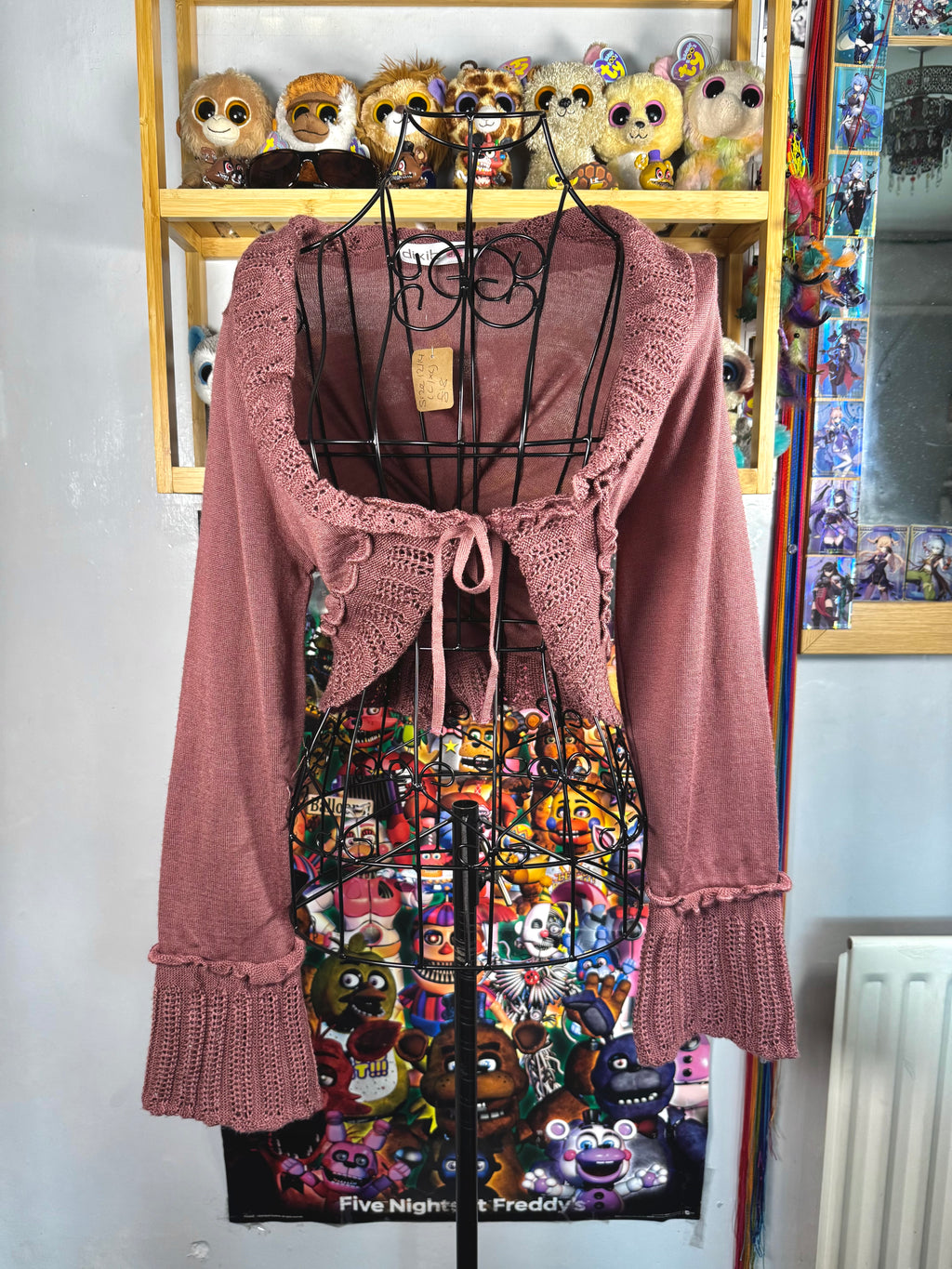 y2k vintage dusty pink fitted cropped tie front flared sleeve cardigan