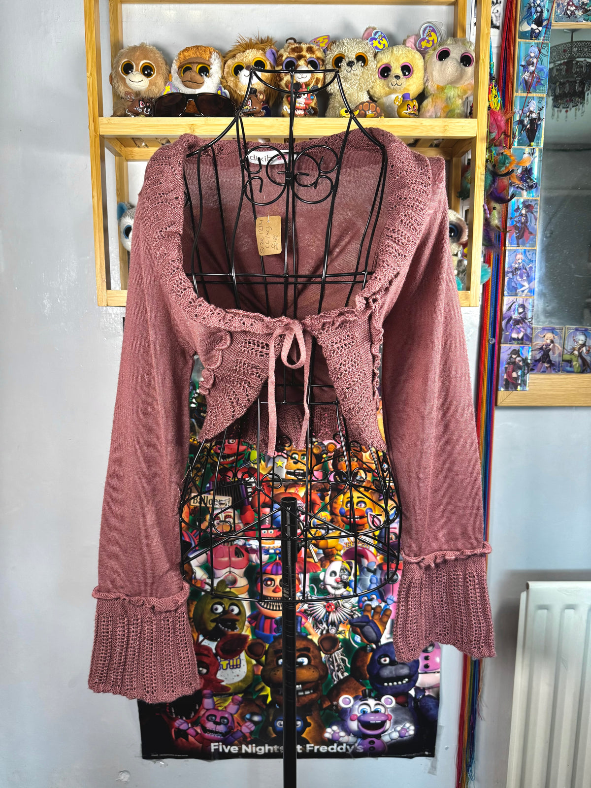 y2k vintage dusty pink fitted cropped tie front flared sleeve cardigan
