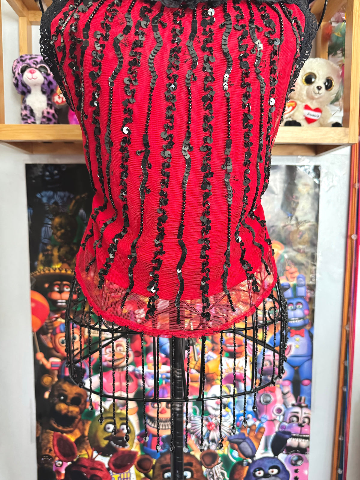 y2k vintage red fitted mesh cami top with black dangle beading and sequin embroidery