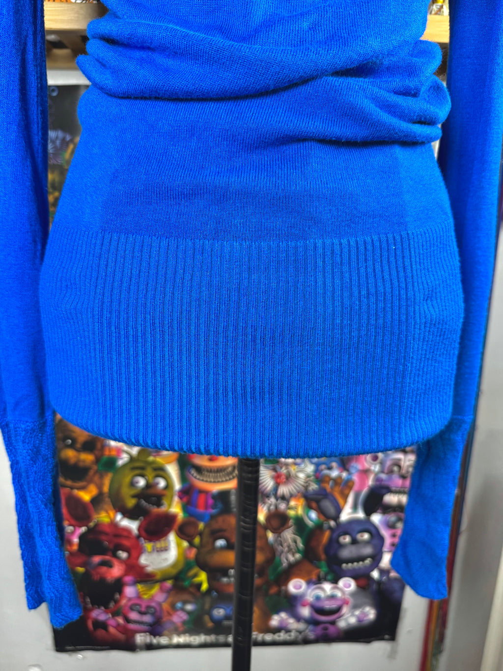 y2k vintage royal blue off shoulder fitted long sleeved top with ribbed knit detail