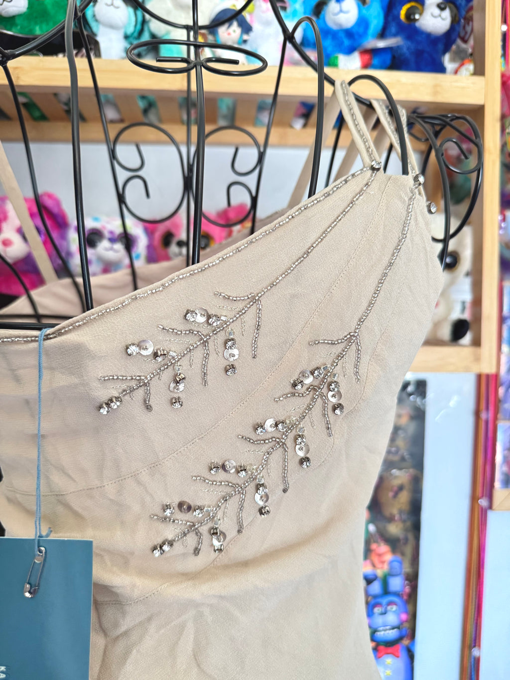 y2k vintage bnwt deadstock beige fitted layered silk cami top with feathering and sequins